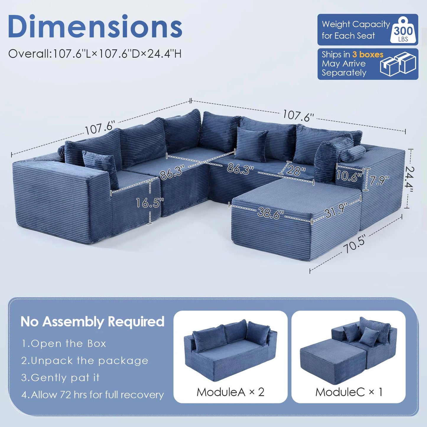 Redlife 6 Seat Modular Sectional Sofa With Corduroy Upholstery