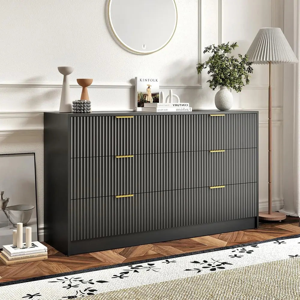 Modern Bedroom Furniture Set With 6 Drawer Dresser And Nightstands