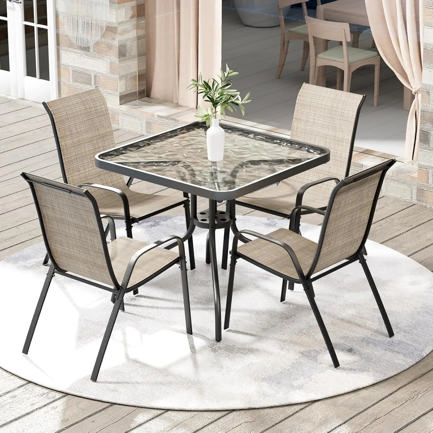 5-Piece Outdoor Patio Dining Set With Glass Table And Textline Chairs