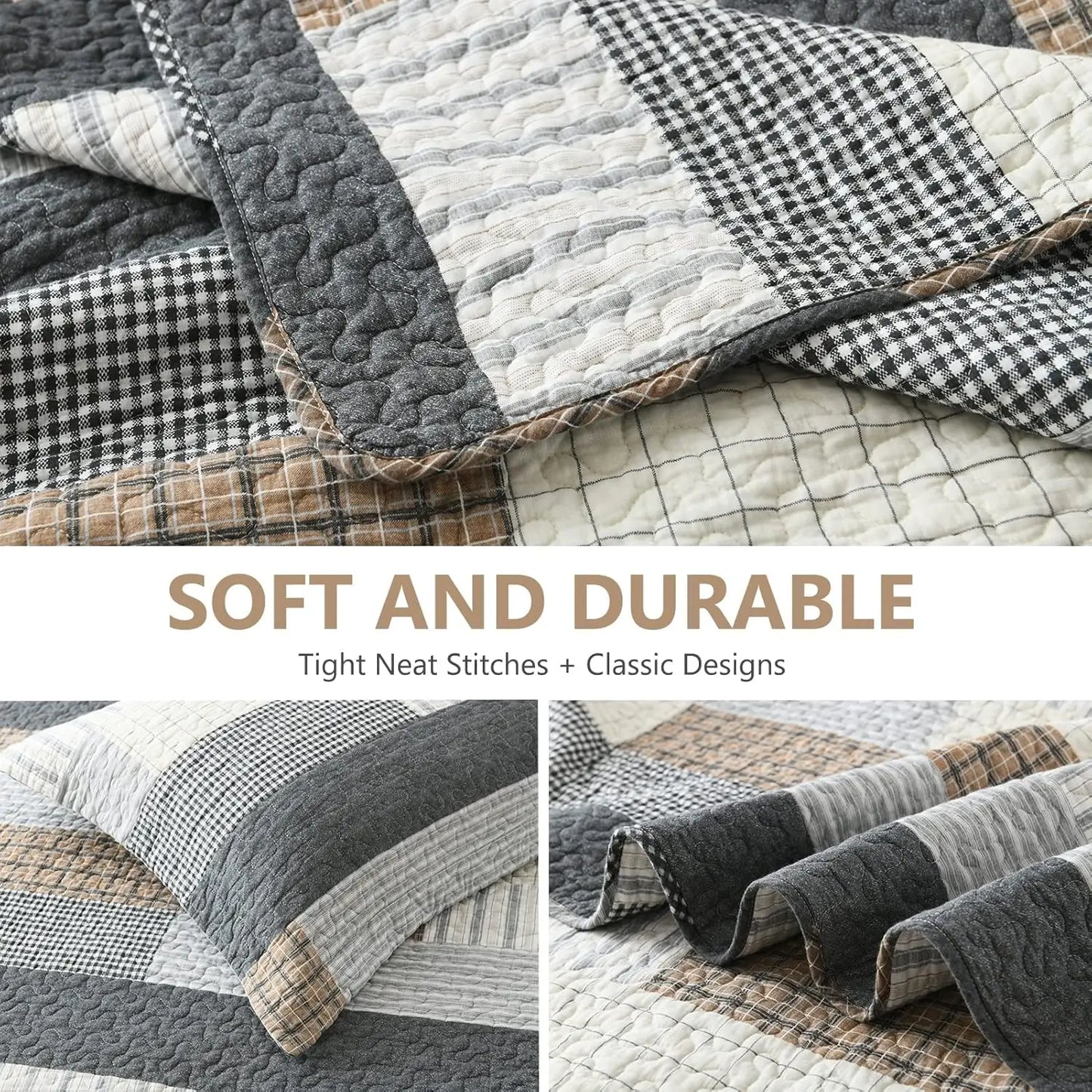 Cotton Patchwork Quilt Set With Reversible Plaid Design