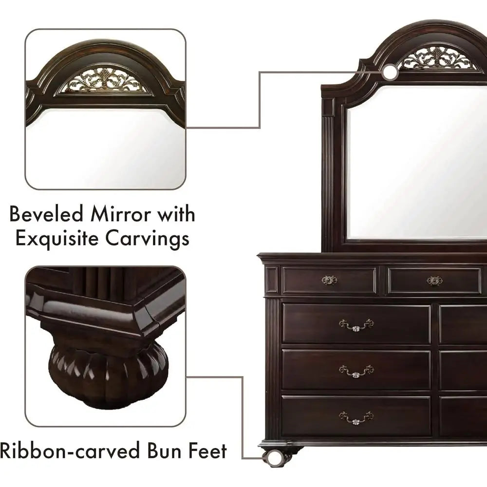 Solid Wood Traditional Bedroom Set With Chest Mirrored Dresser Nightstands