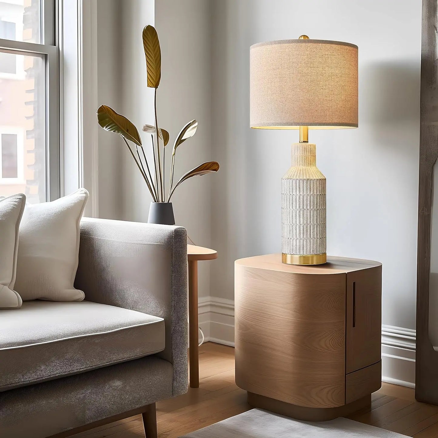 Modern Ceramic Table Lamp Set White Washed With Gold Base