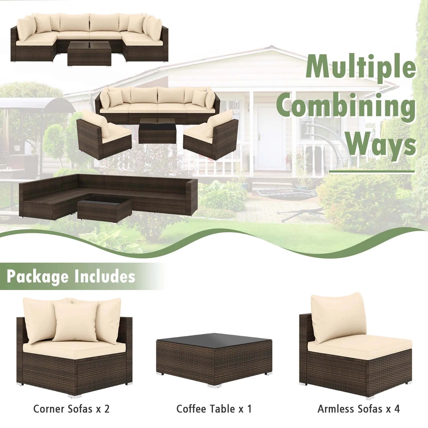 Homasis 7 Piece Patio Rattan Furniture Set Sectional Sofa Cushioned