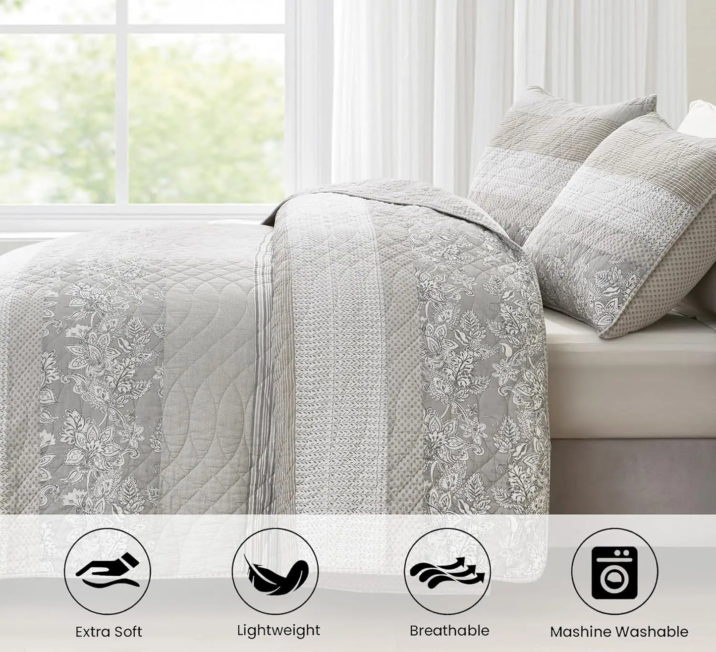 Floral Patchwork Striped Quilt Set in Prewashed Cotton Bedding