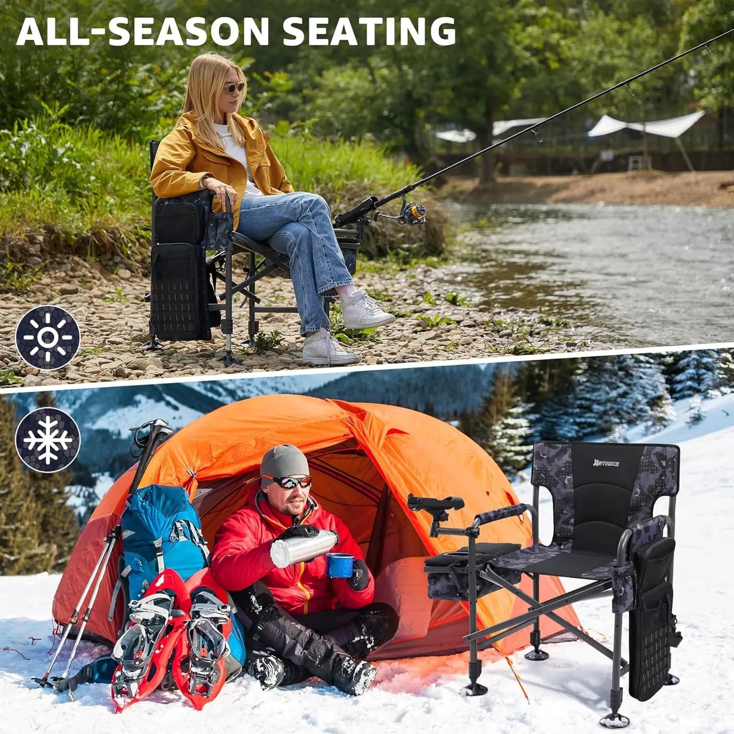 Heated Folding Fishing Chair With Rod Holder And Cooler Bag For Outdoor Use