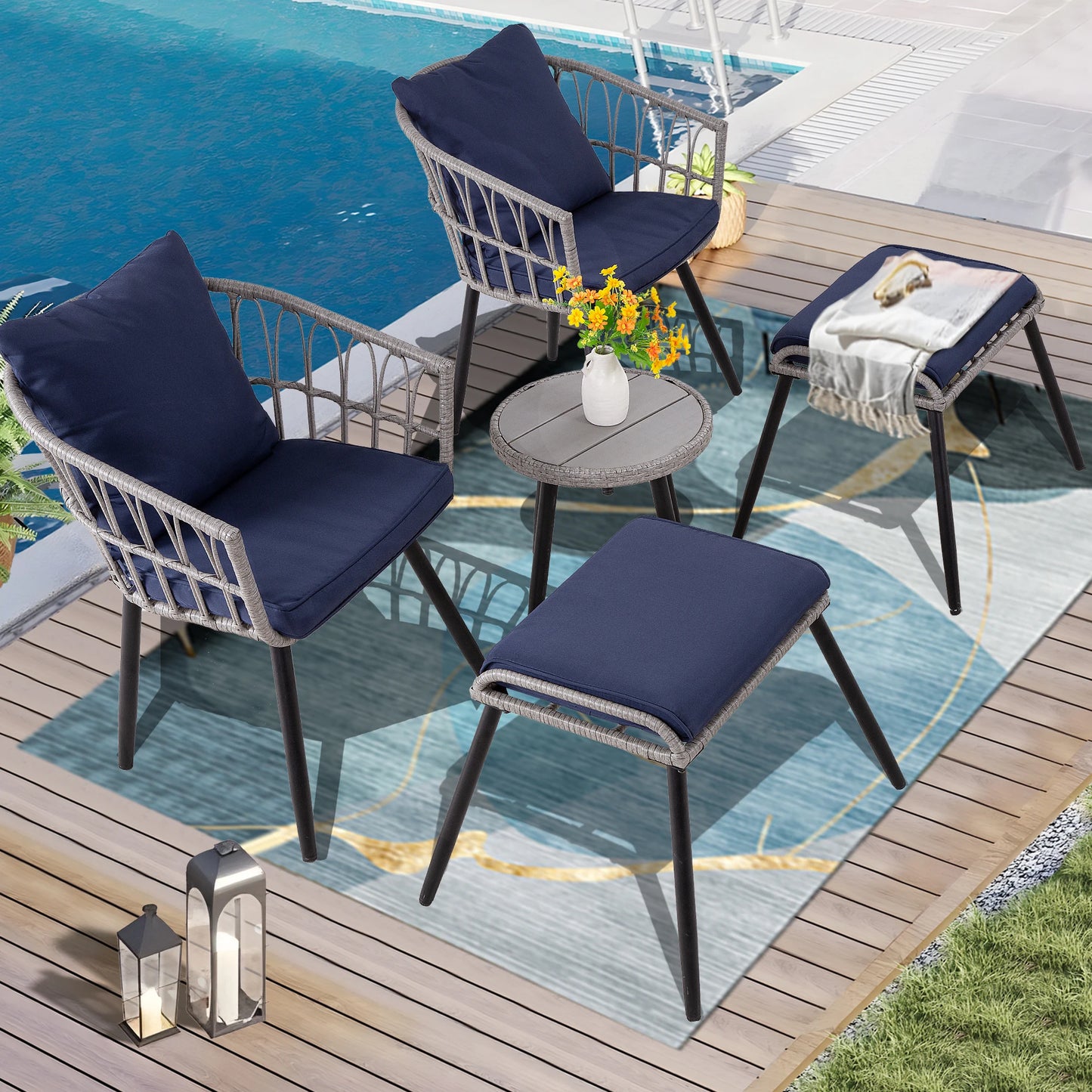 Seogwisam 5 Piece Outdoor Patio Bistro Set Wicker Ottoman Table