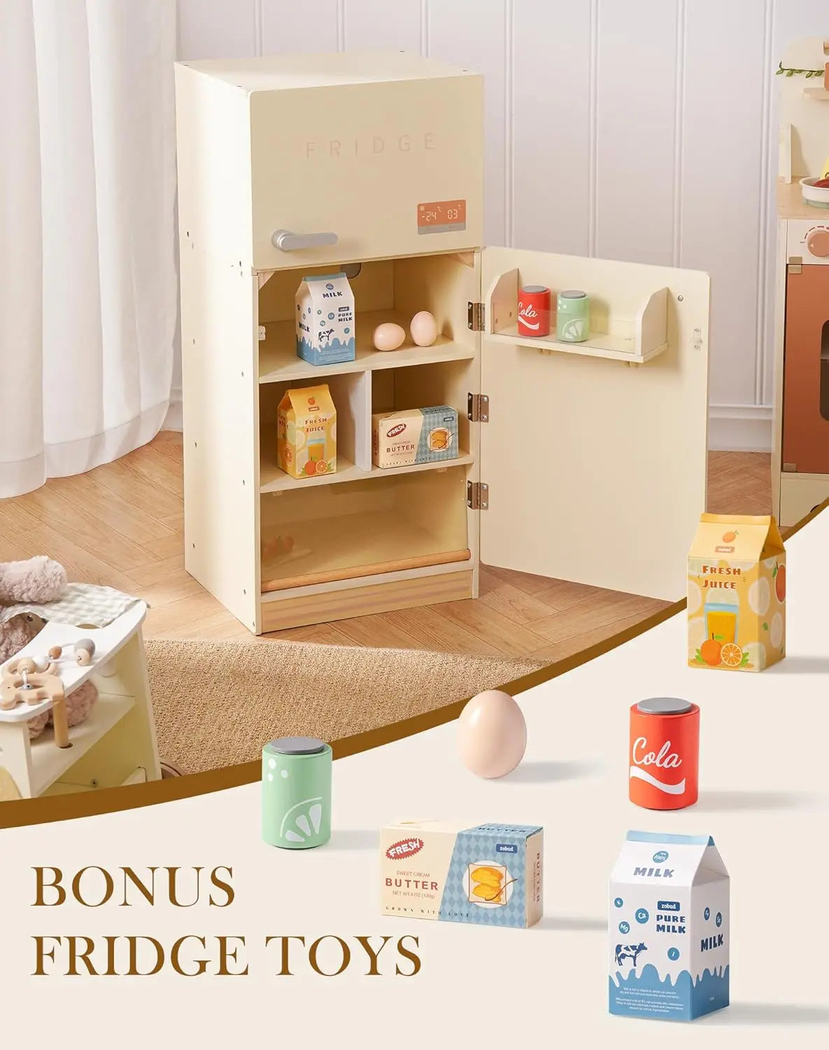 Robotime Robud Wooden Toy Fridge Play Kitchen Set With Accessories