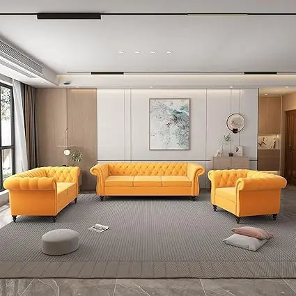 DAFIFY Velvet Chesterfield 3-Piece Living Room Set With Scroll Arms