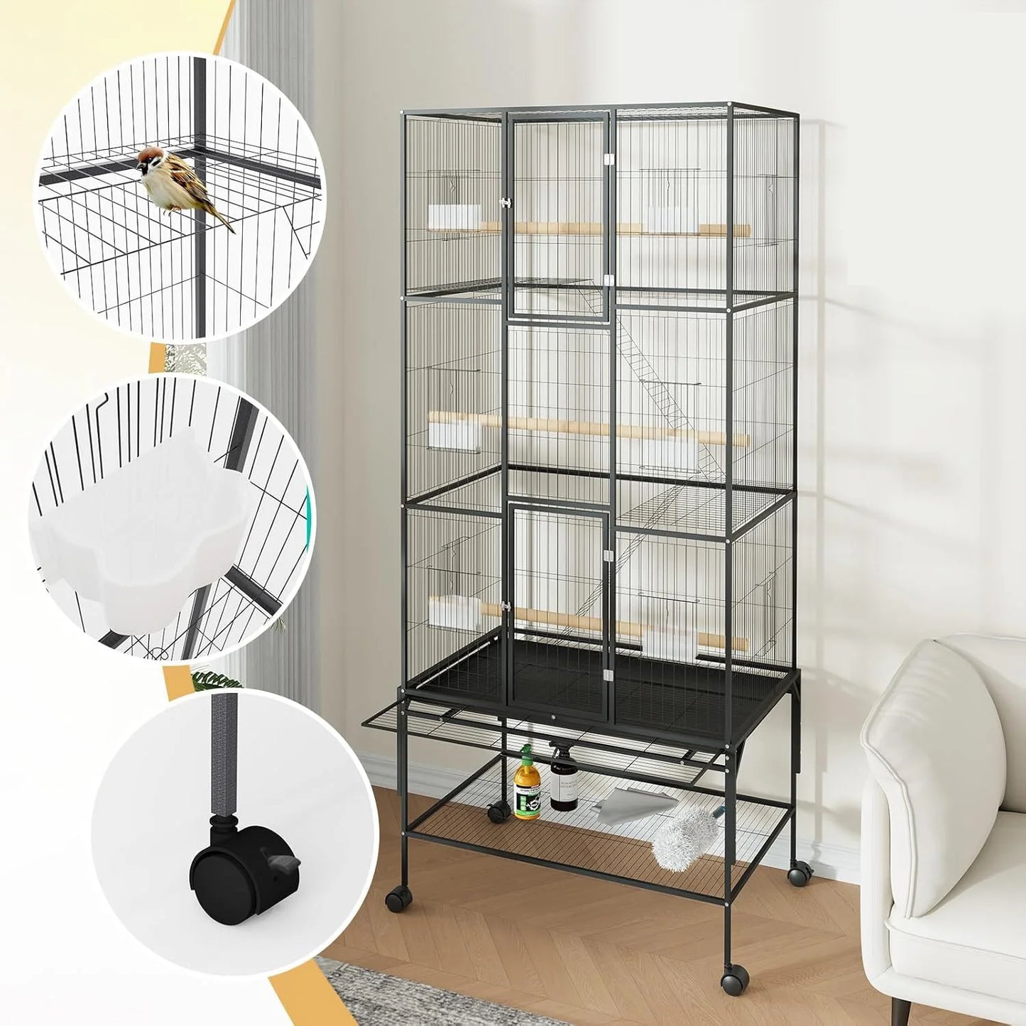 HiMISS Parrot Bird Cage With Rolling Storage Stands And Bowls