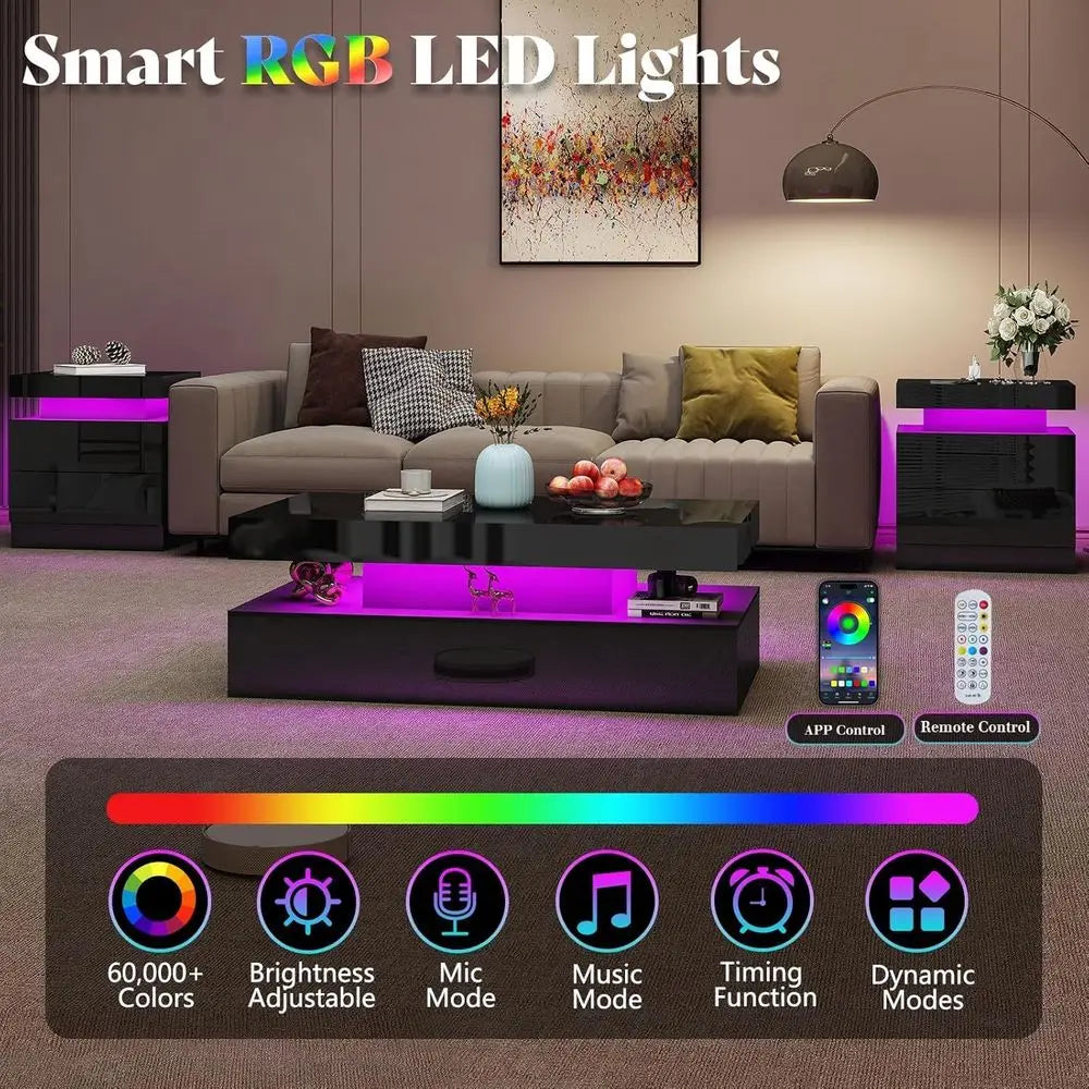 Glossy Living Room Table Set With LED Coffee Table And Charging Nightstands