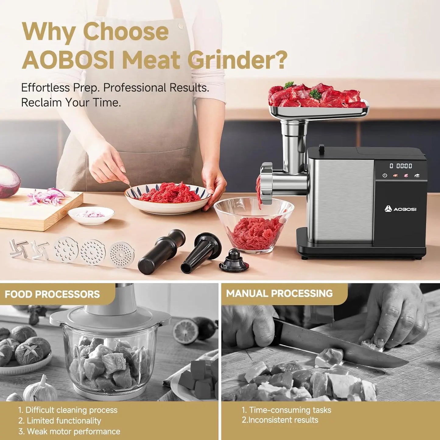 Electric Meat Grinder Touch Screen Auto Reverse 3 Speeds Stainless