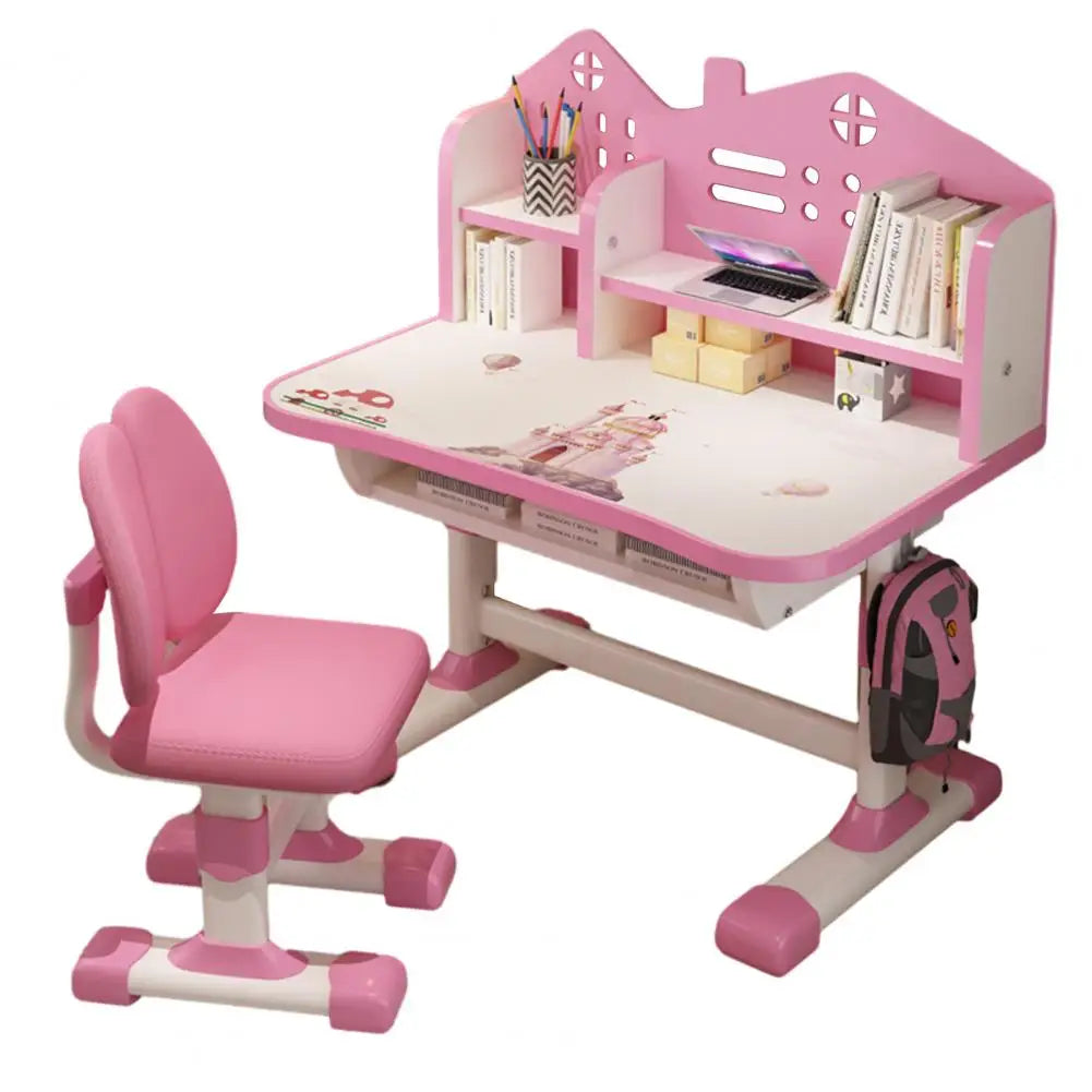 Diowewea Kids Desk Chair Set With Adjustable Height And Cartoon Bookstand