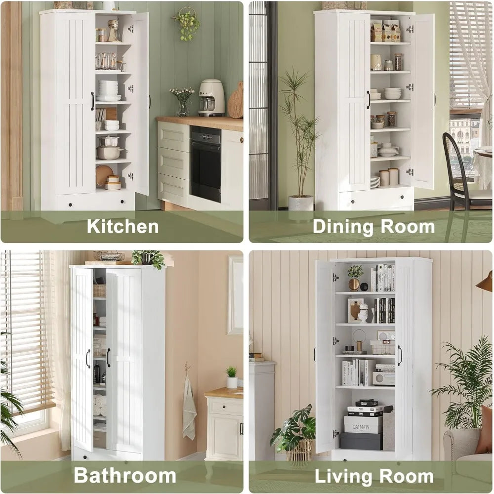 Tall Wooden Storage Pantry Cabinet With Adjustable Shelves And Drawer
