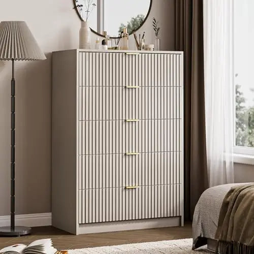 5 Drawer Tall Dresser With Metal Handles For Bedroom Storage