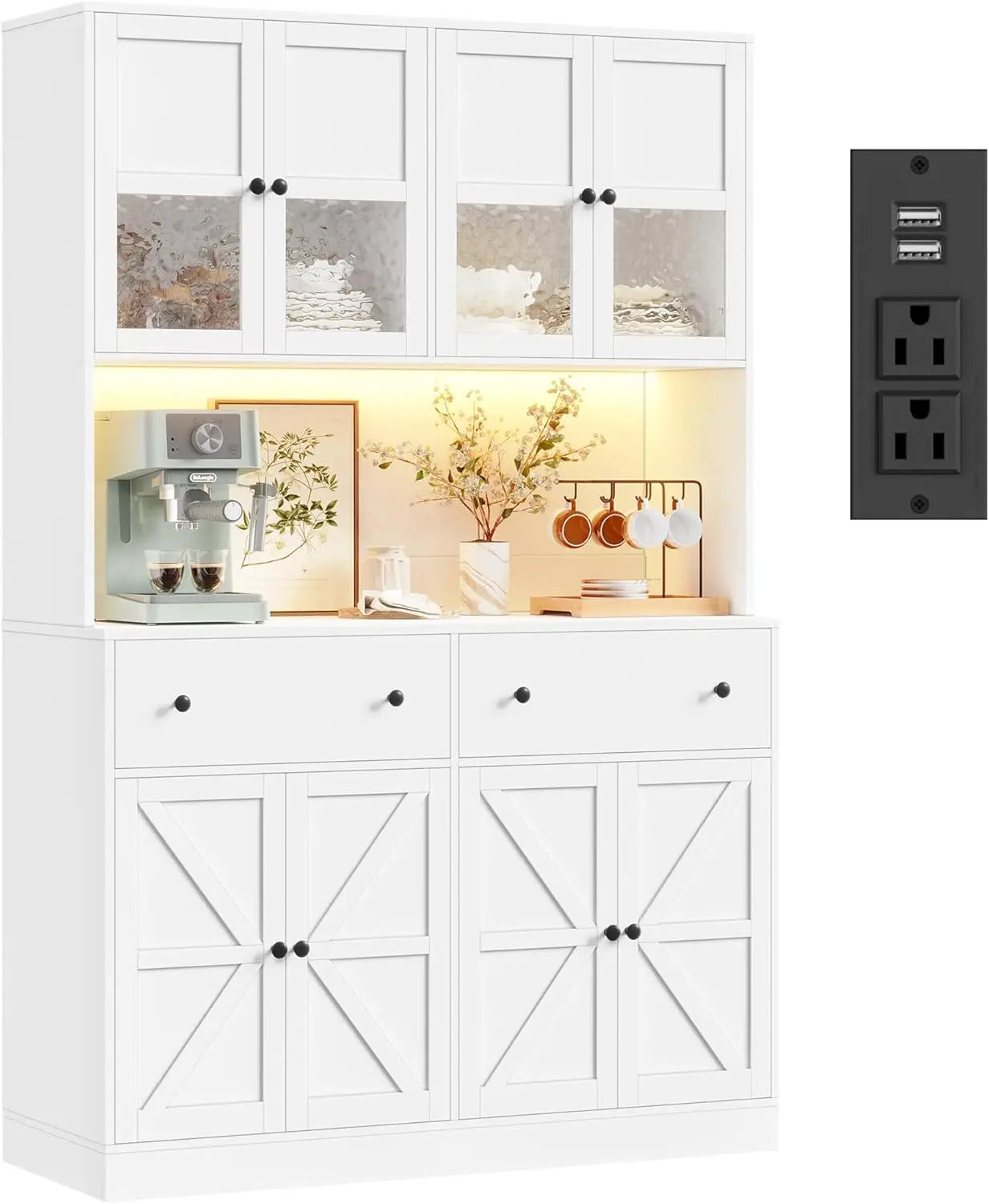 Pantry Cabinet With LED Lighting And Charging Station Microwave Mount