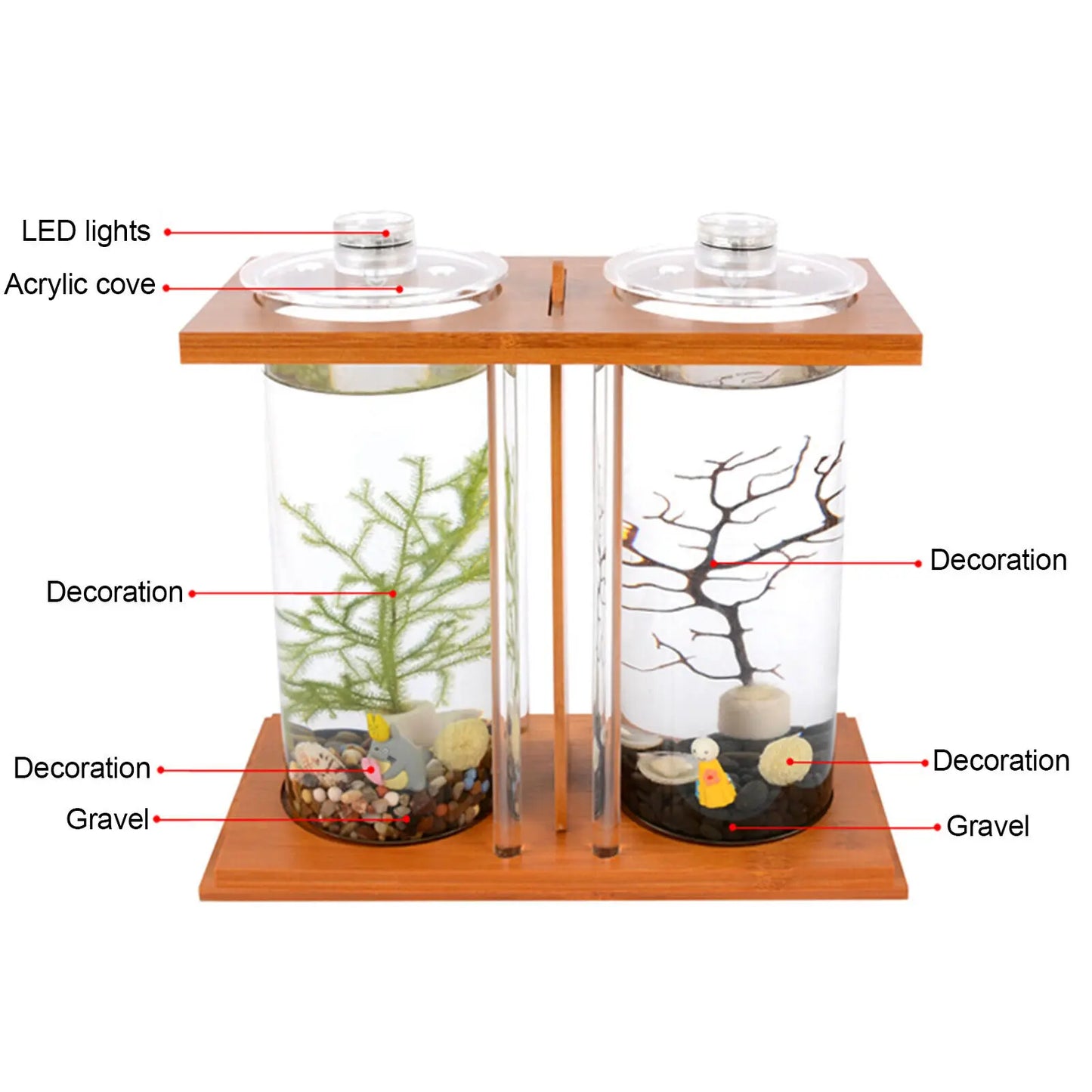 Mini Glass Betta Tank With Bamboo Base LED Desk Aquarium
