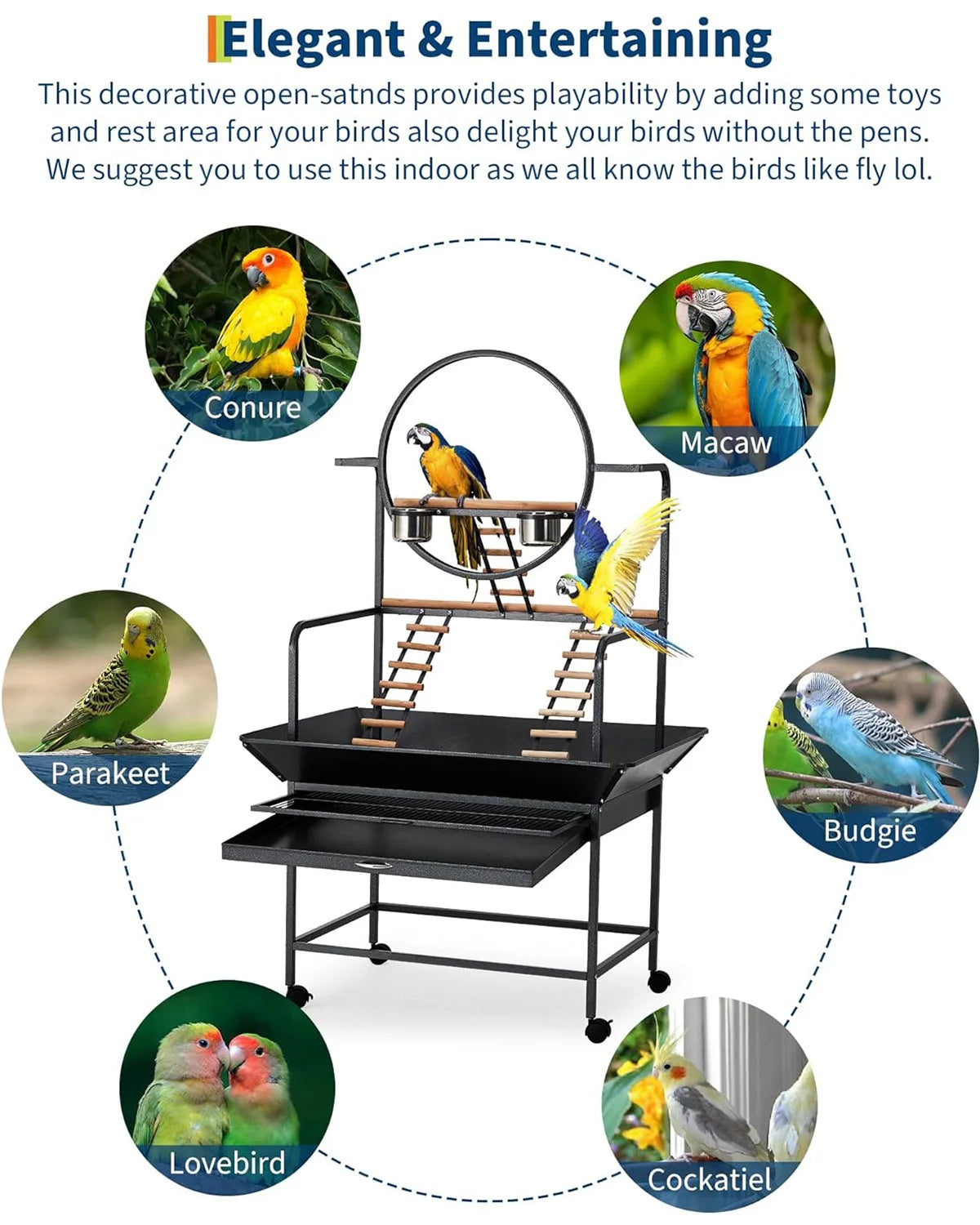 HiMISSCN Bird Play Stand With Lockable Wheels Activity Center