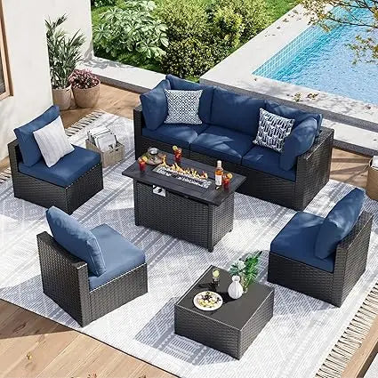 Outdoor Wicker Patio Sectional Set With Fire Pit Table