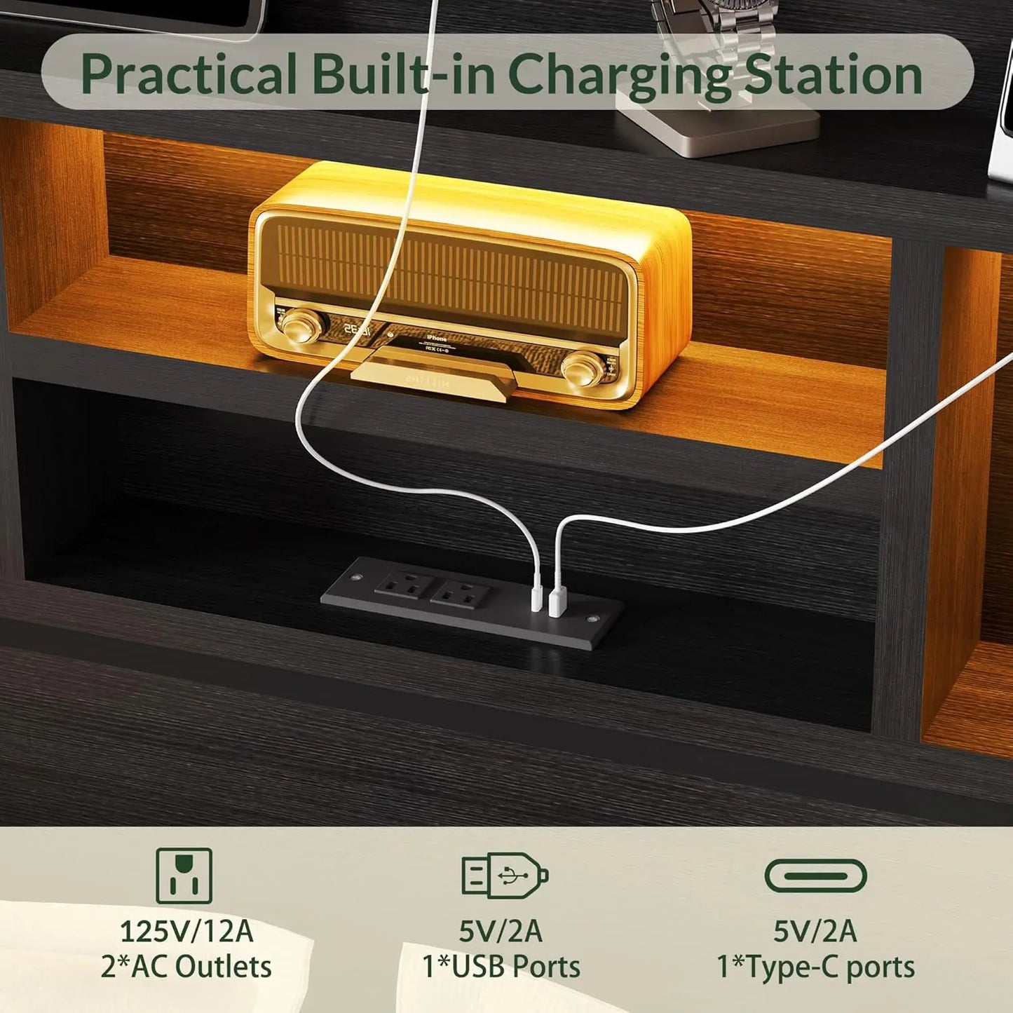 Bed Frame With 6 Drawers, LED Lights, Charging Station, Black