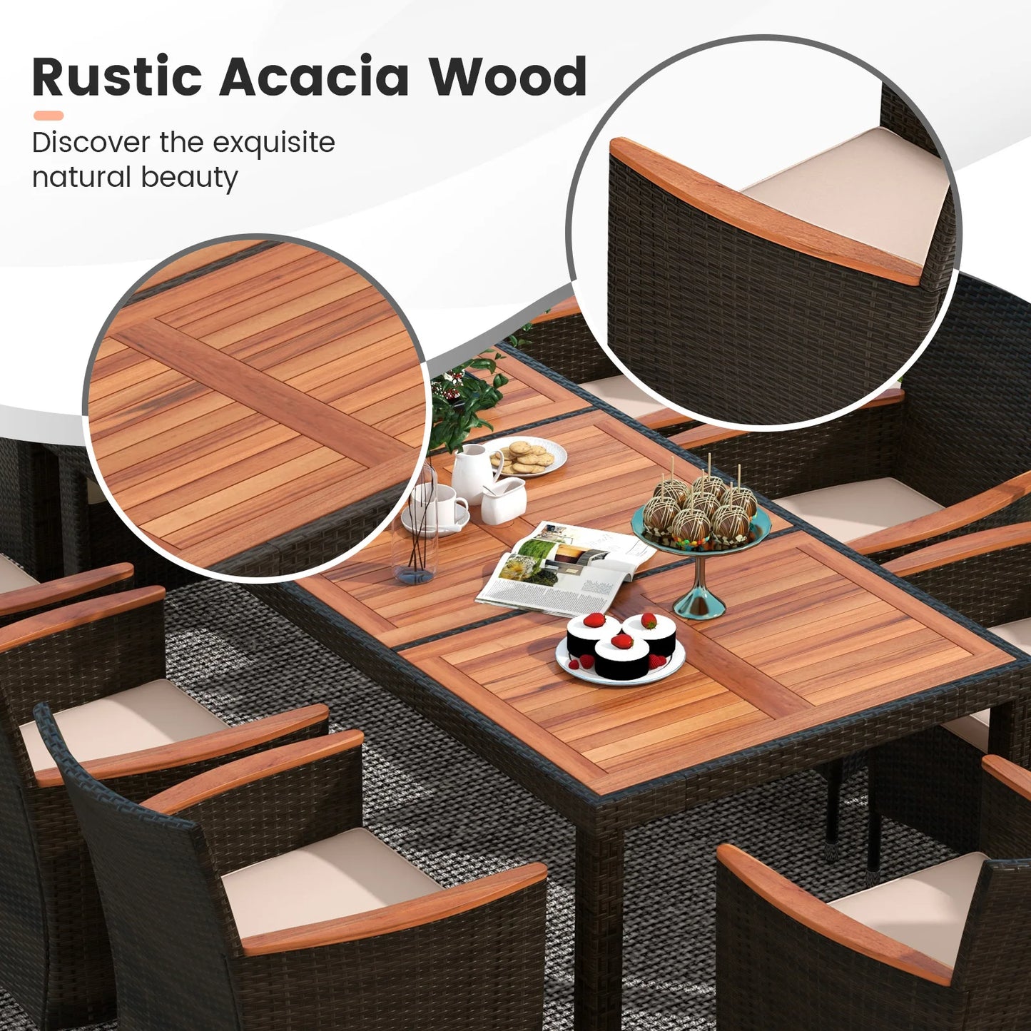 HOMASIS 9 Piece Patio Wicker Dining Set With Acacia Table