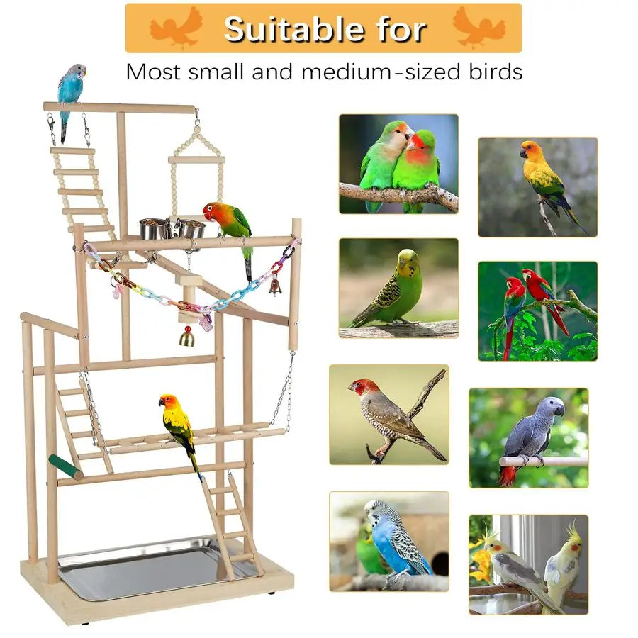 XMSJ Pet Parrot Playstand Ladder Wood Perch Gym Playpen