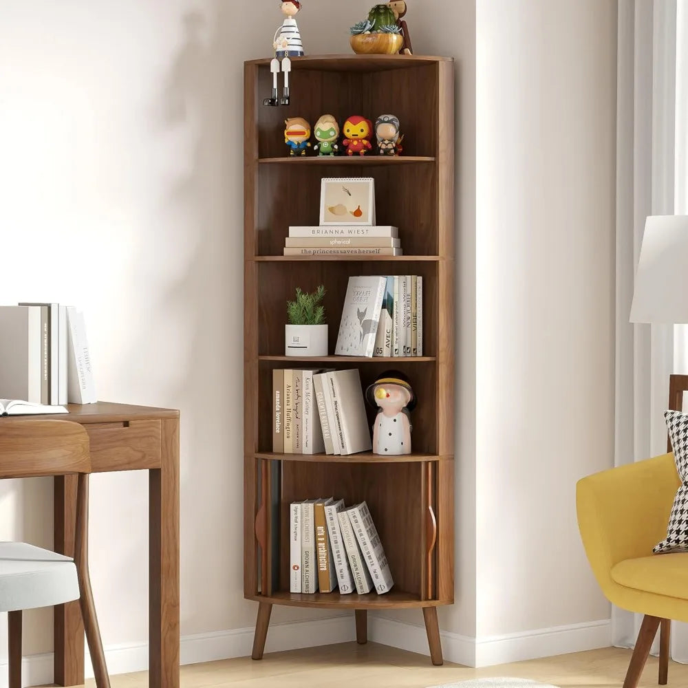 Modern 5-Tier Corner Shelf Bookcase With Fluted Doors