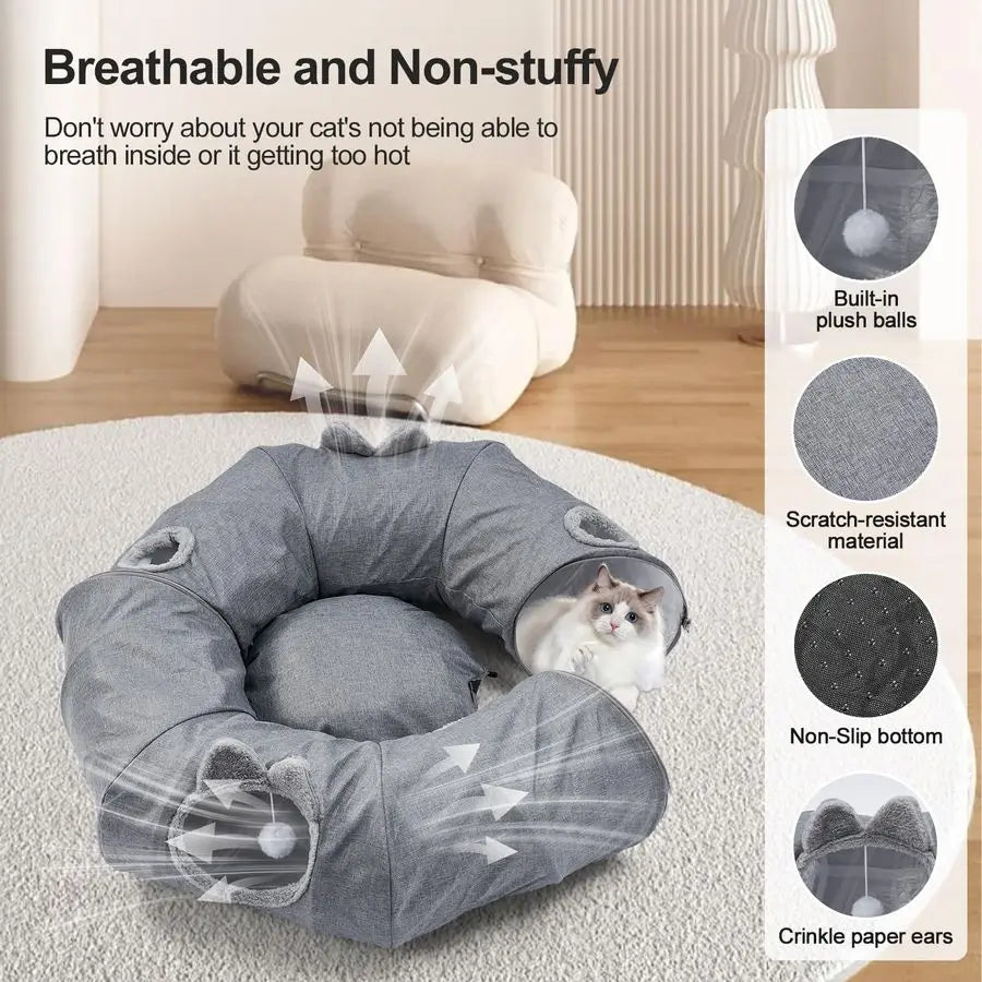 Linen Cat Tunnel With Central Bed And Detachable Soft Mat