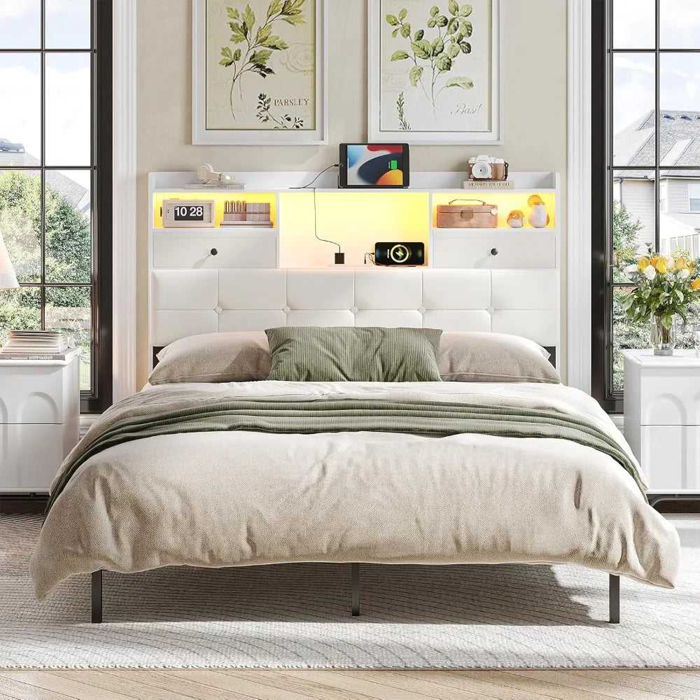 Headboard With Storage And Two Drawers, LED Lights, Upholstered