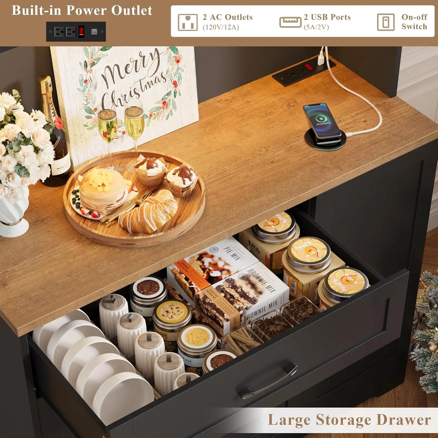 Guangbai LED Kitchen Pantry Cabinet With Power Outlet Microwave Stand
