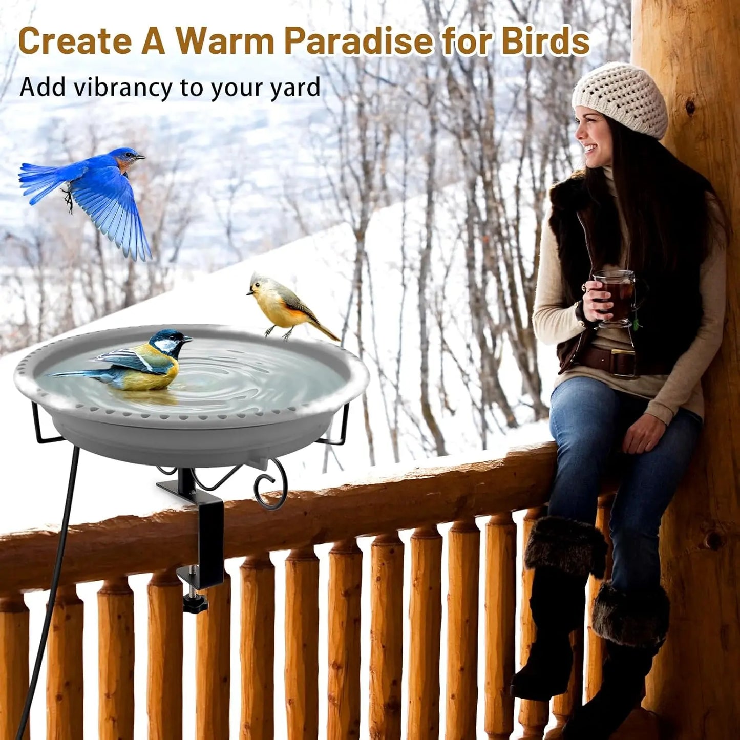 100W Thermostatically Heated Bird Bath for Outdoor Deck Railing