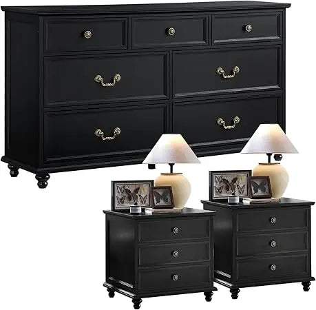 MKDK Farmhouse Dresser And Nightstand Set 3 Piece Collection