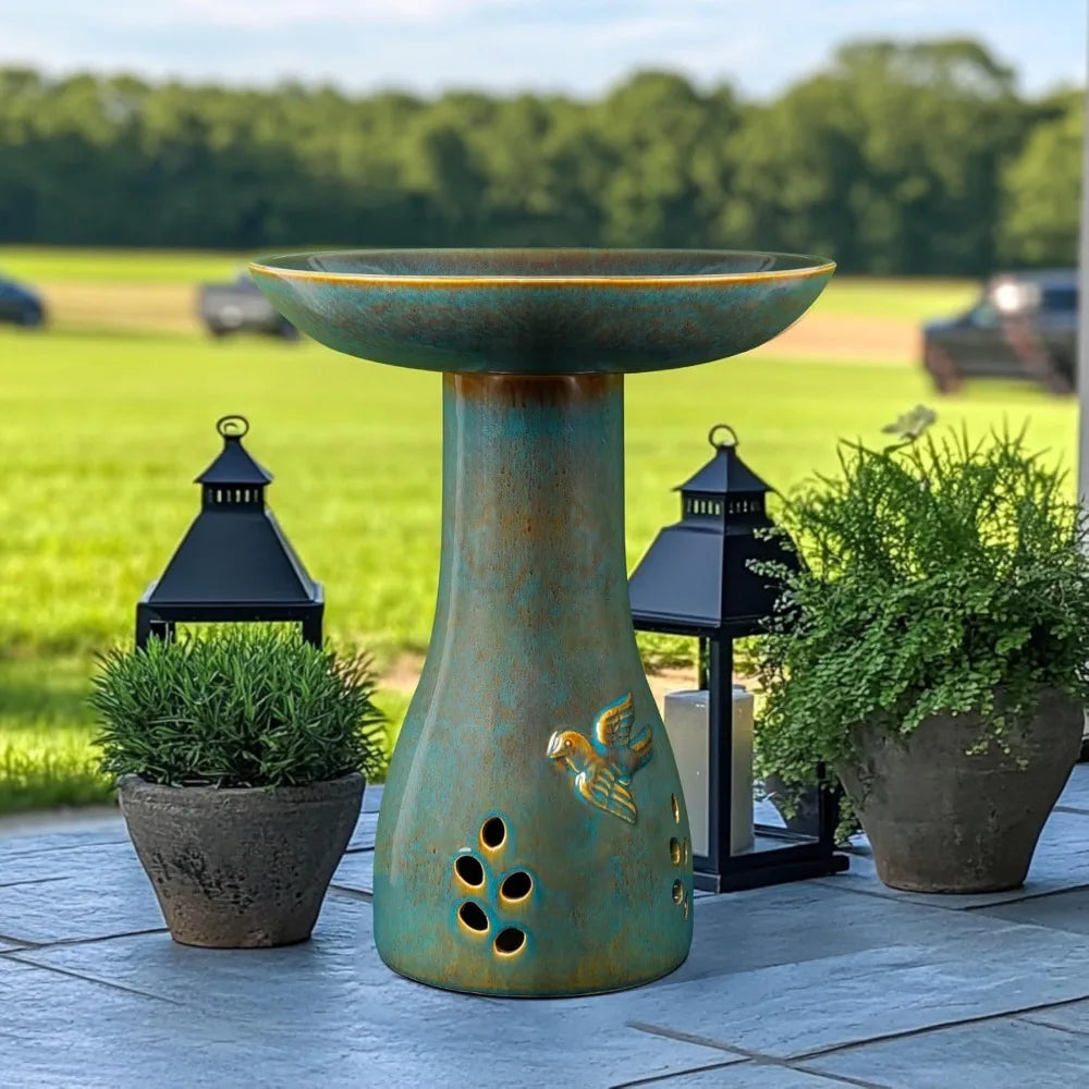 Ceramic Bird Bath Outdoor Weather Resistant Garden Decor Attracts Birds
