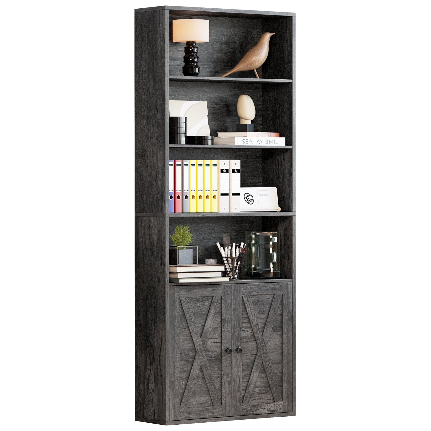Industrial Bookshelves With Doors Floor Standing Six Shelf