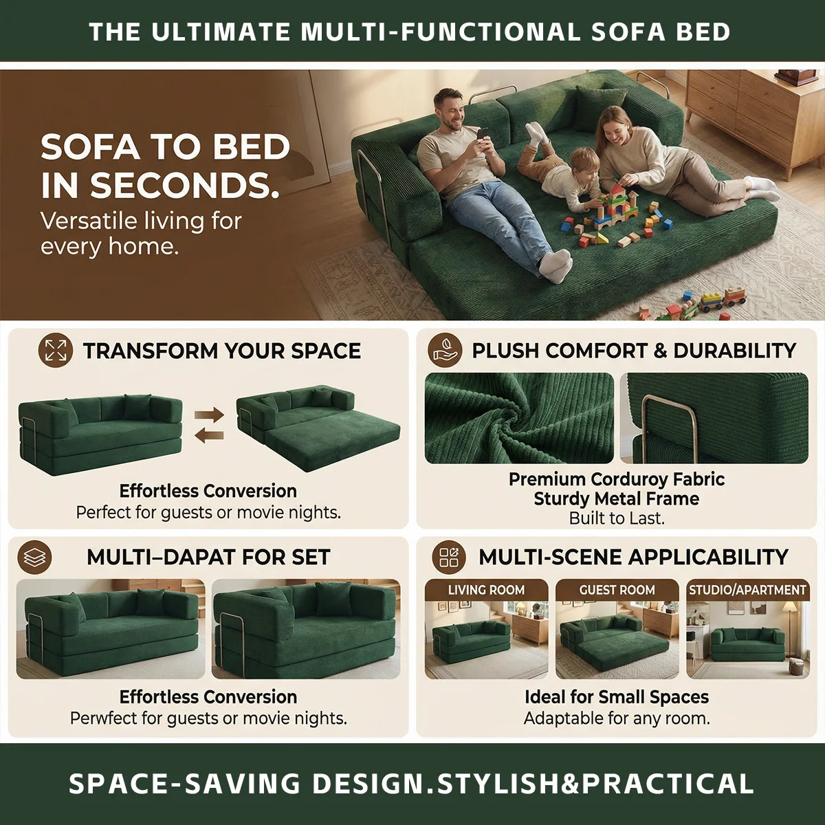 YQzyphyna Futon Sofa Bed 4In1 Corduroy Loveseat For Living Room