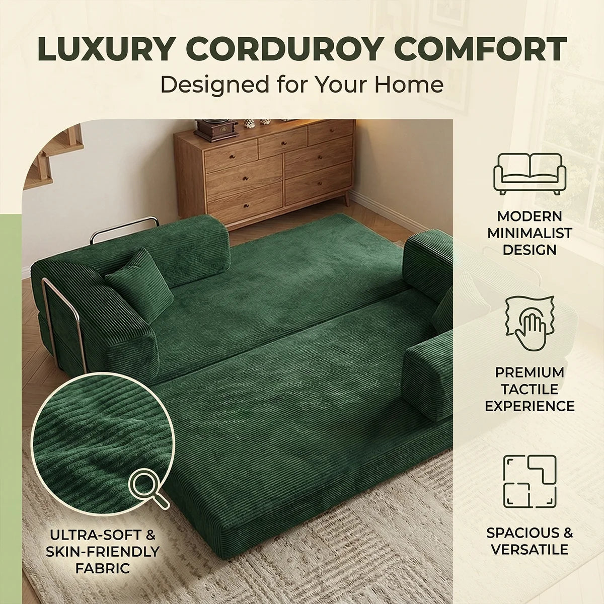 YQzyphyna Futon Sofa Bed 4In1 Corduroy Loveseat For Living Room