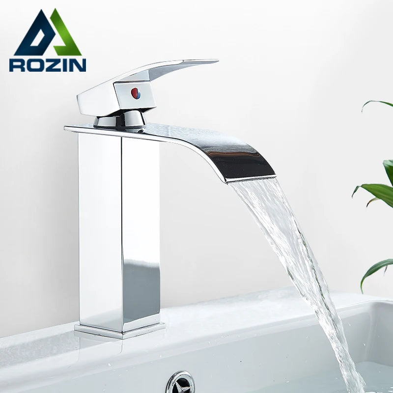 Rozin Deck Mounted Waterfall Bathroom Basin Faucet, Hot and Cold