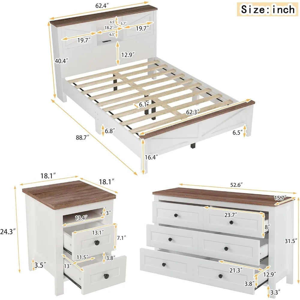 RBXC 3 Piece Farmhouse Bedroom Set With Double Sliding Doors