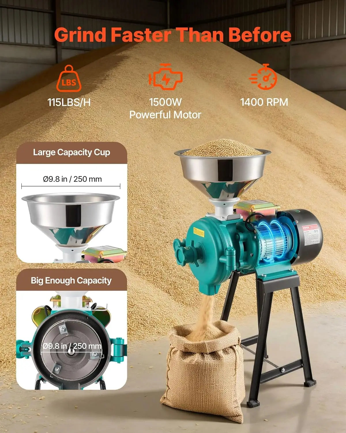 Electric Grain Mill Grinder 1500W Cast Iron Pulverizer Powder Machine