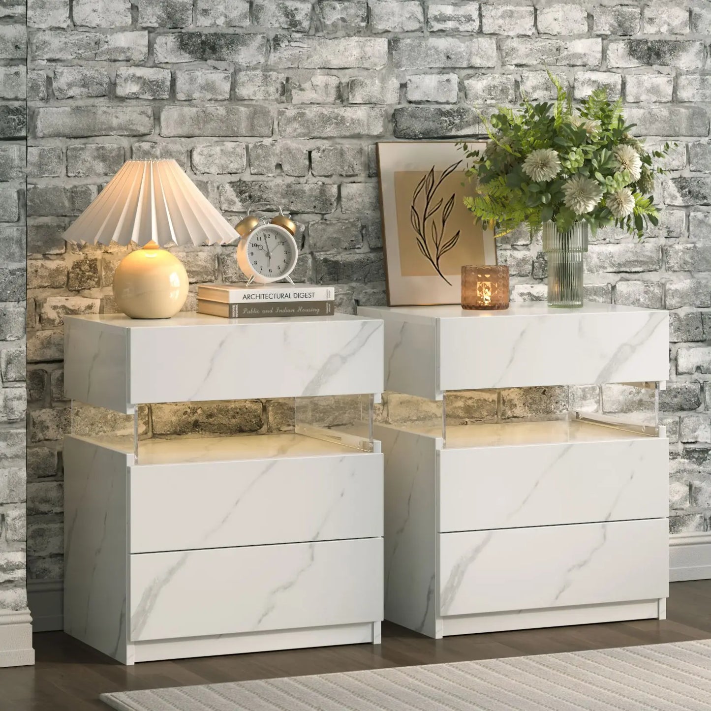 Cubehom Bedside Tables 2 Pack With Modern LED Lighting