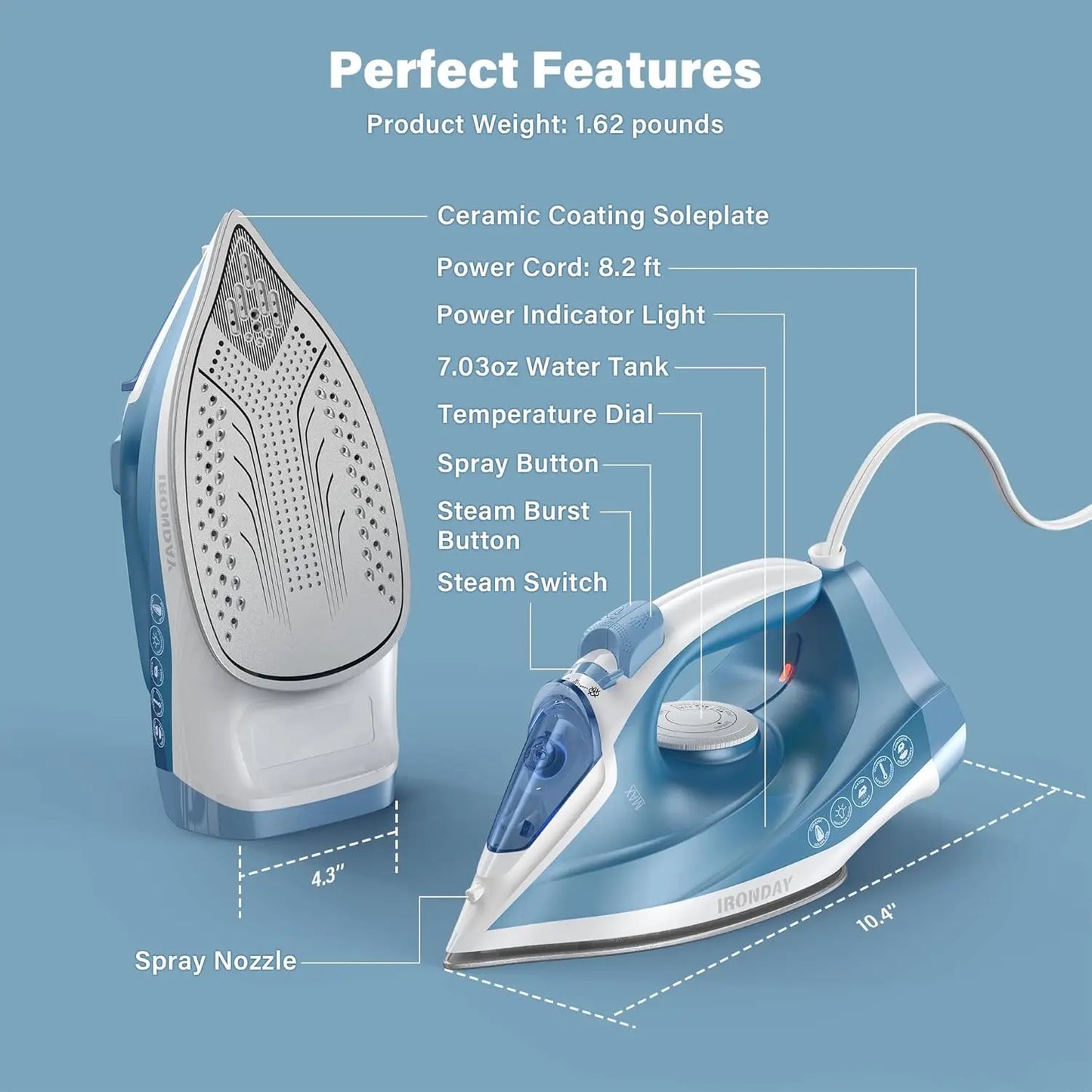 XMSJ Fast Heating 1200W Steam Iron With Nonstick Ceramic Soleplate