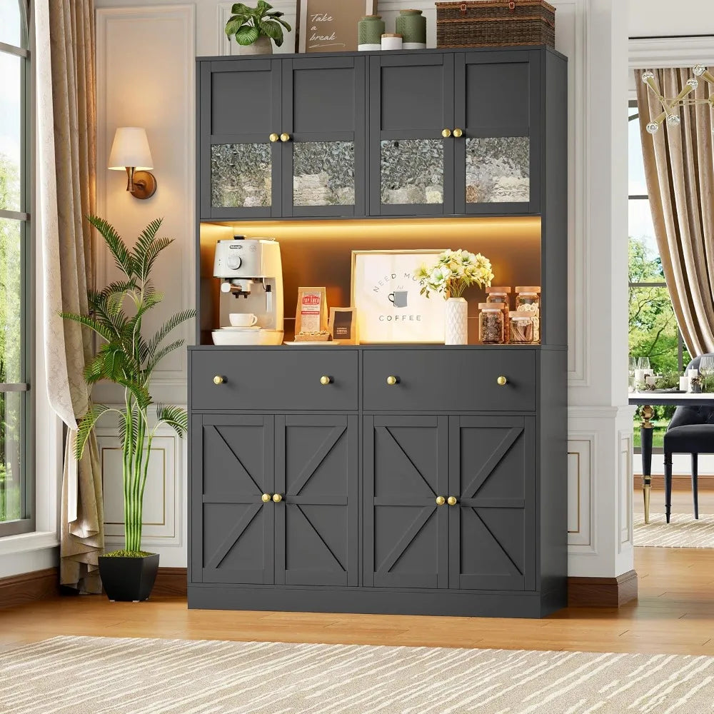 Pantry Cabinet With LED Lighting And Charging Station Microwave Mount