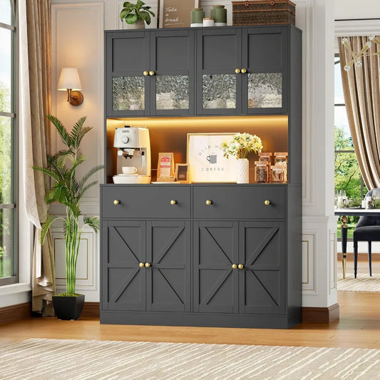 Pantry Cabinet With LED Lighting And Charging Station Microwave Mount