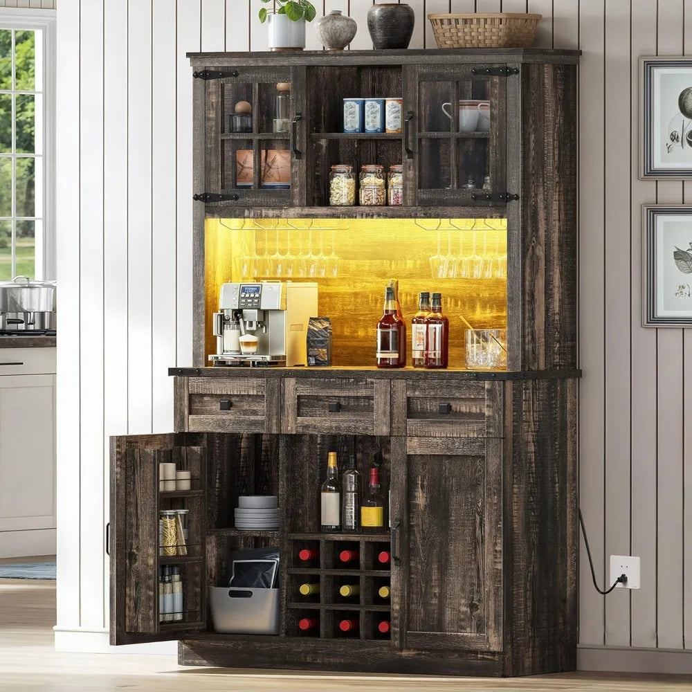 Farmhouse Coffee Bar Cabinet With Power Outlet And Led Lights