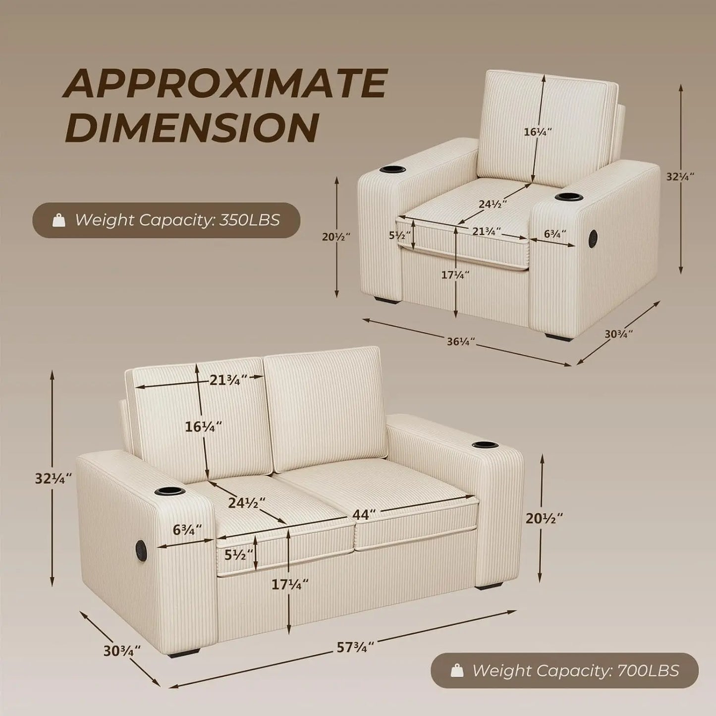 Corduroy 4 Seater Sectional Sofa Set With USB Holder 3PC