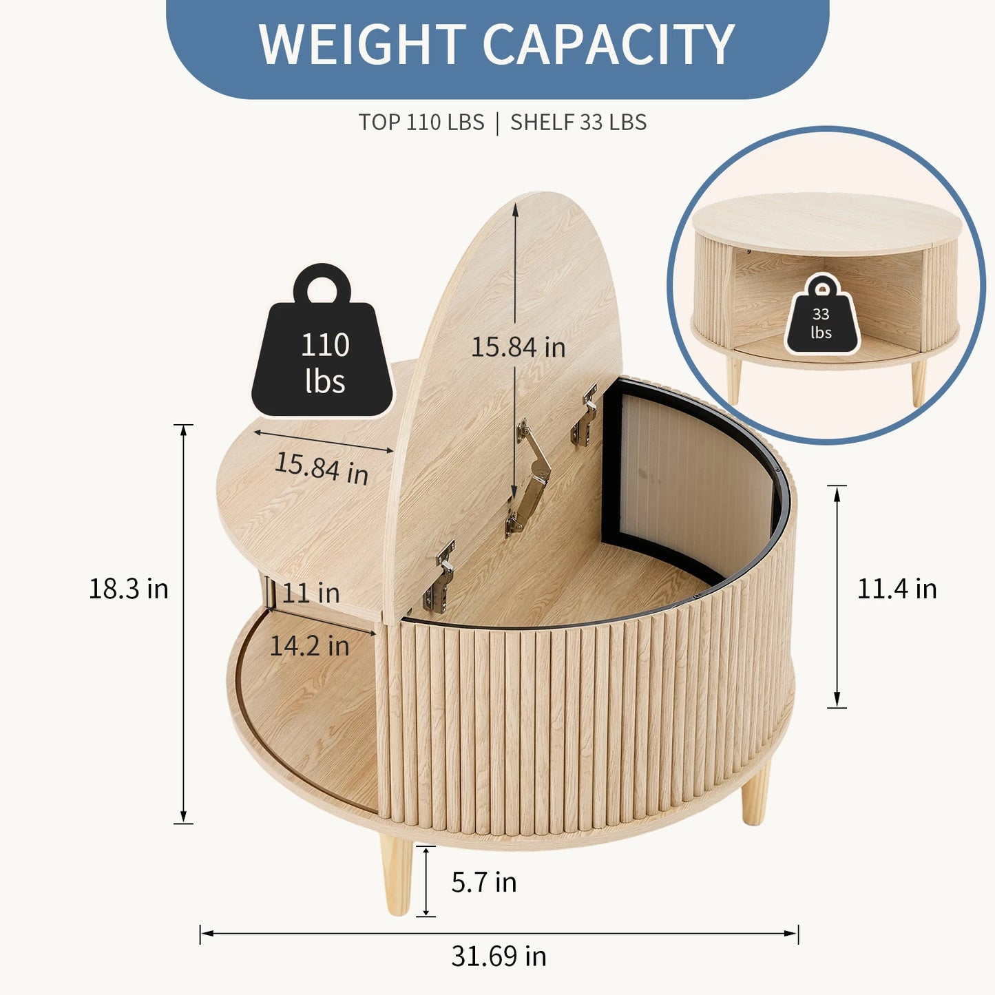 JHK Round Coffee Table With Flip Top Storage 2 Tier