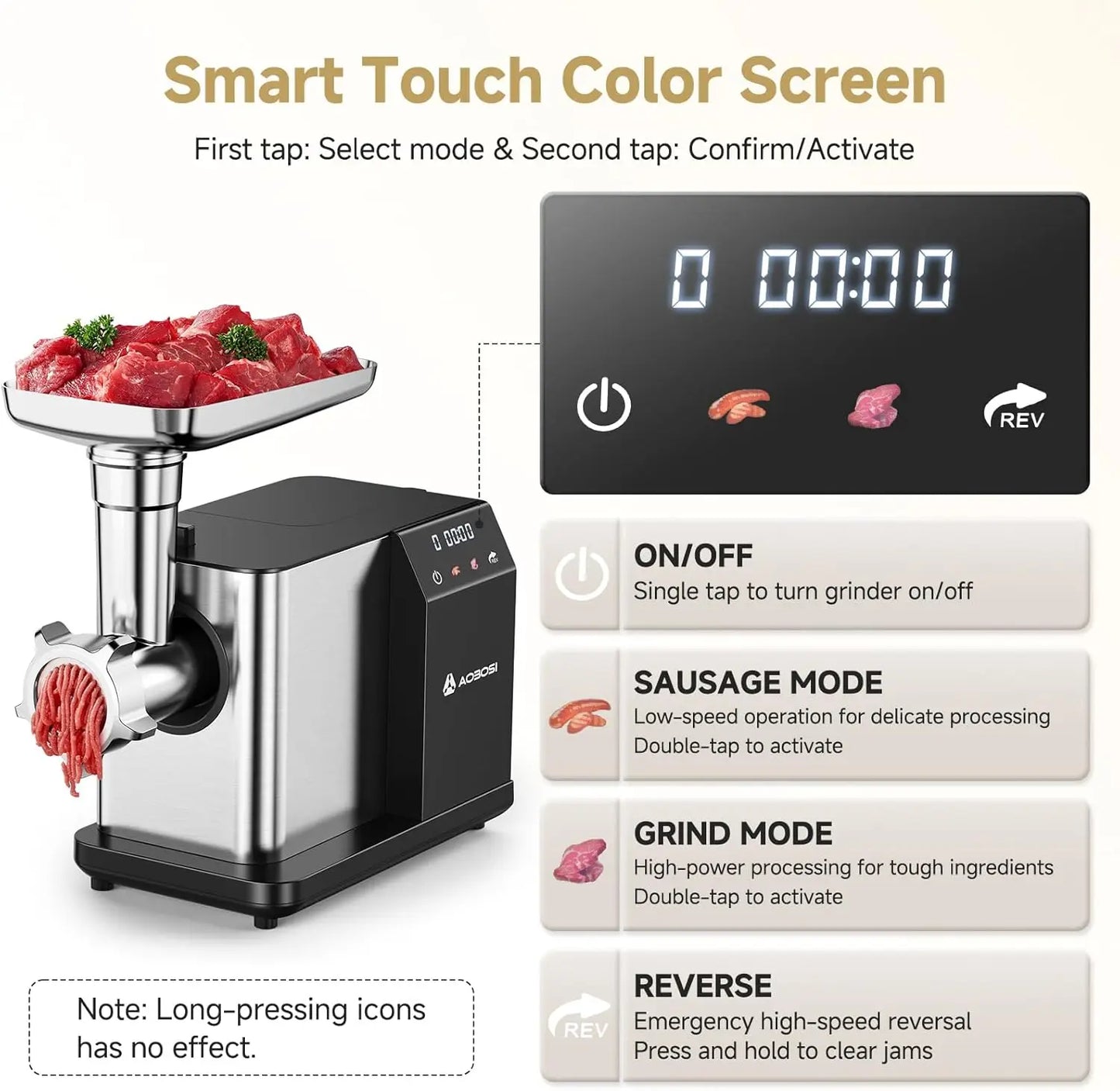 Electric Meat Grinder Touch Screen Auto Reverse 3 Speeds Stainless