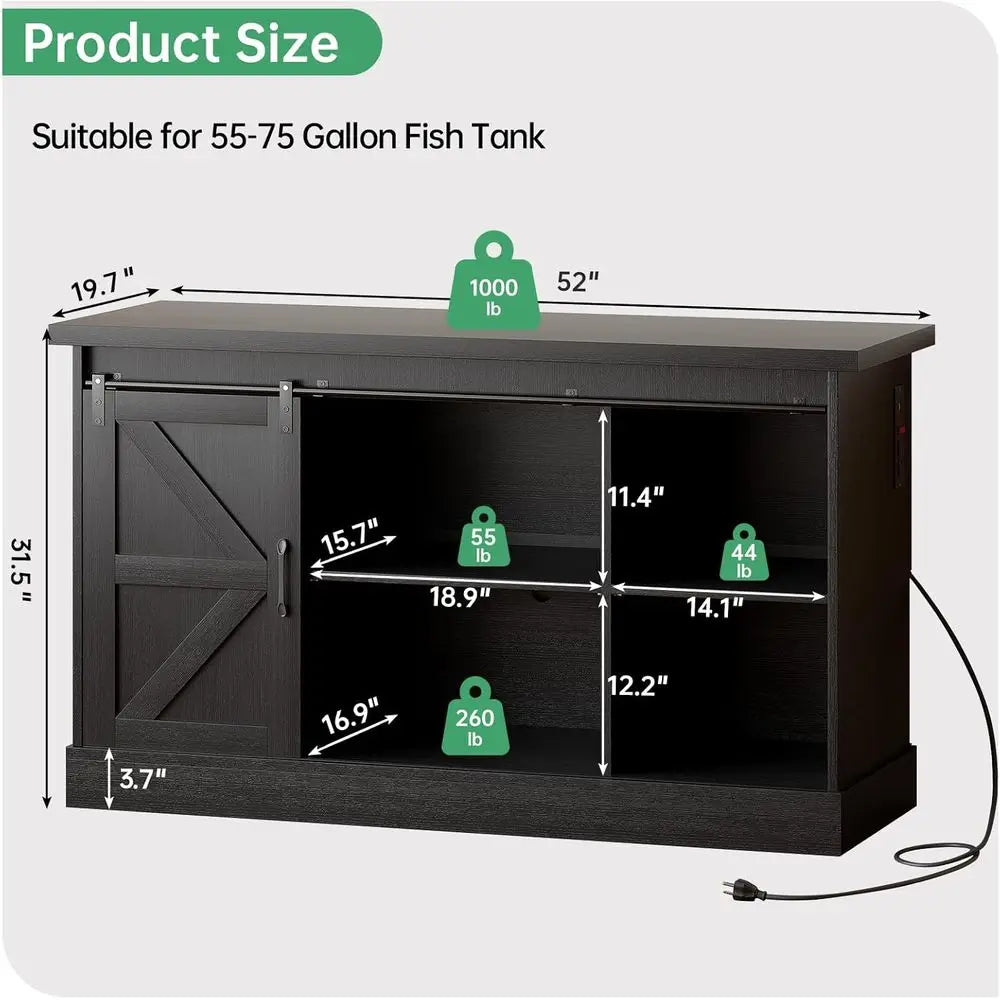 Aquarium Stand With Sliding Barn Doors And Power Outlet Cabinet