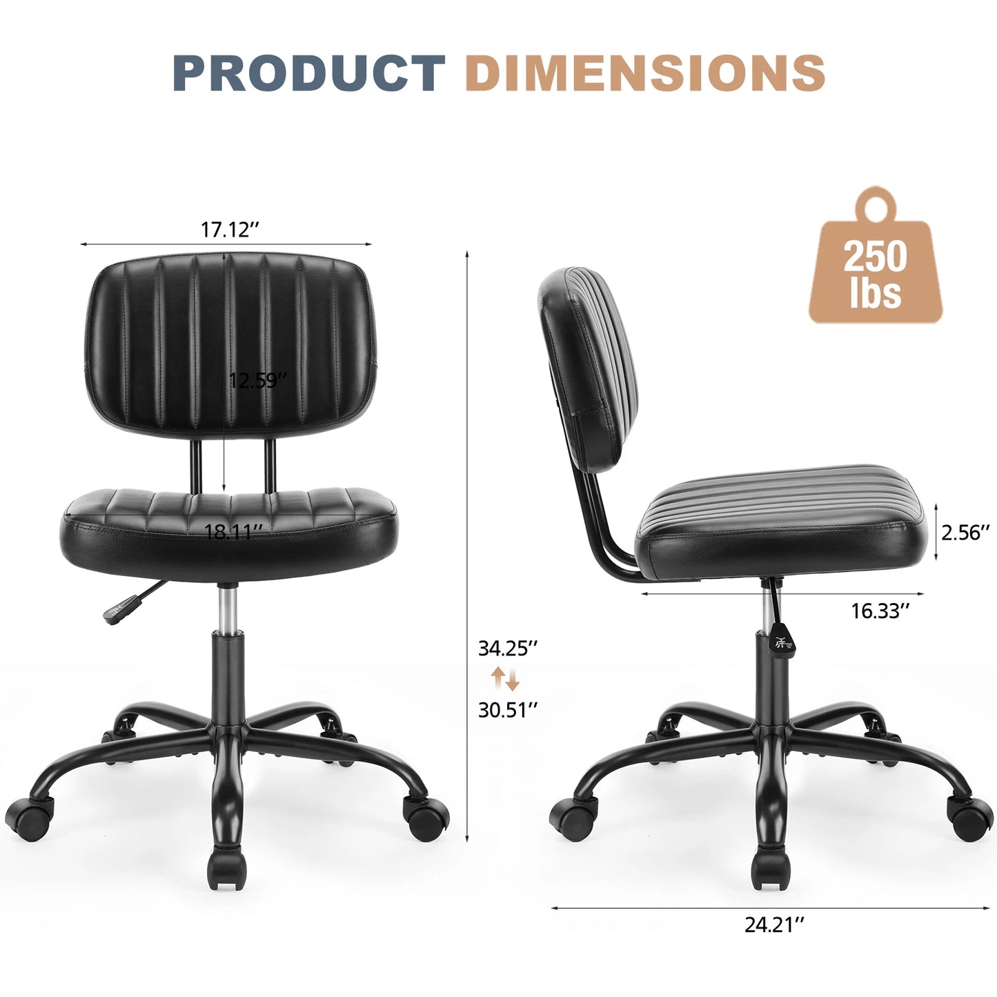 JHK Armless Office Chair With Lumbar Support Adjustable PU Leather