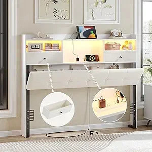 Headboard With Storage And Two Drawers, LED Lights, Upholstered