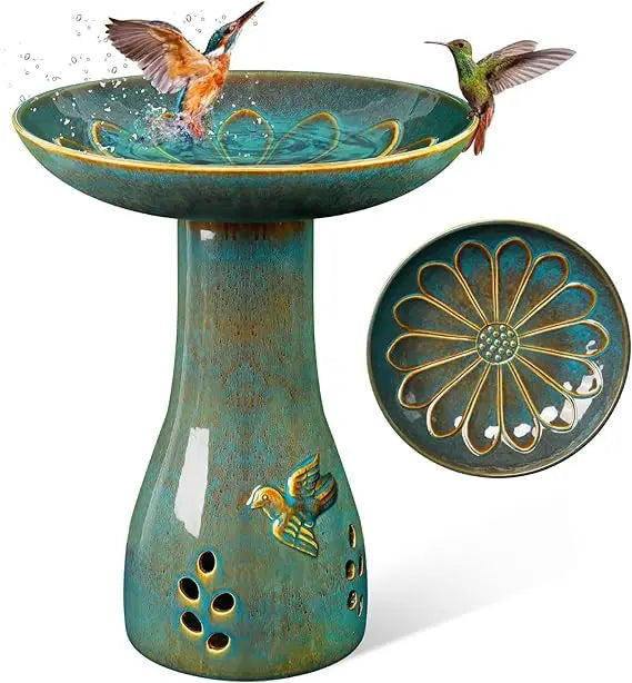 Ceramic Bird Bath Outdoor Weather Resistant Garden Decor Attracts Birds